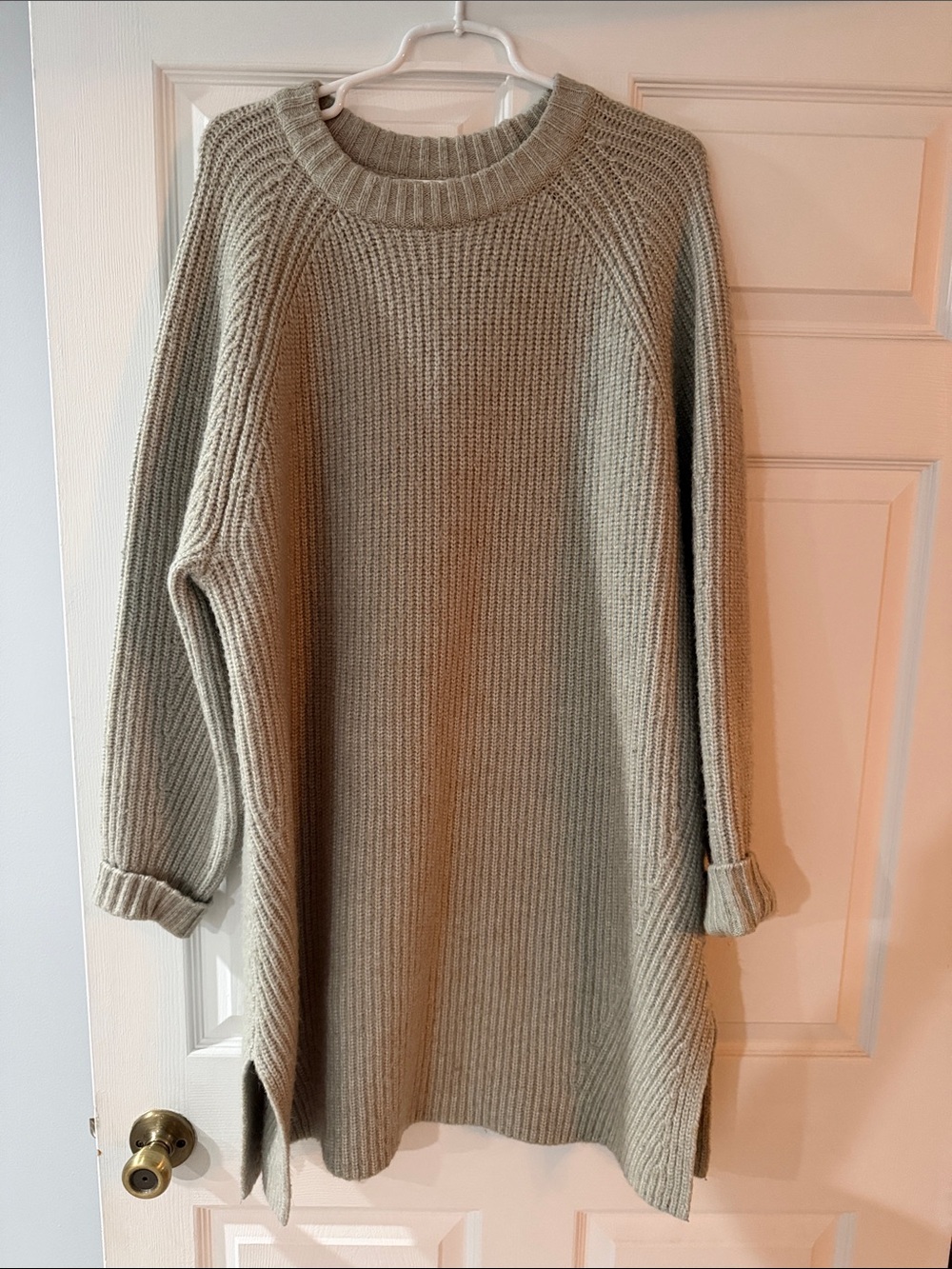 H&M Ribbed Crewneck Sweater Dress in Light Beige